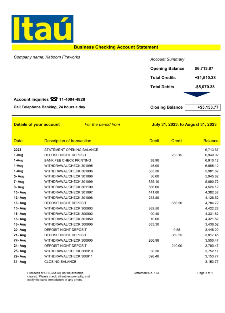 Modèle Word et PDF de relevé de compte d'entreprise de Bank Itaú